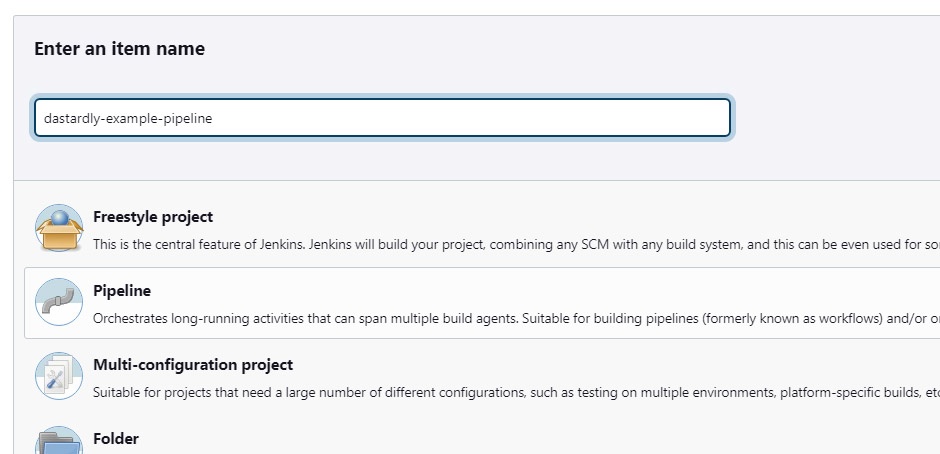 Creating a new pipeline in Jenkins.