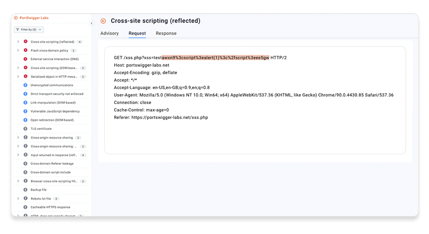 A HTTP request shown in Burp Suite Enterprise Edition, with XSS payload highlighted