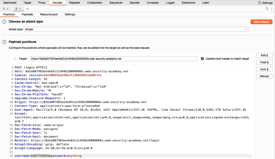 Set username payload position