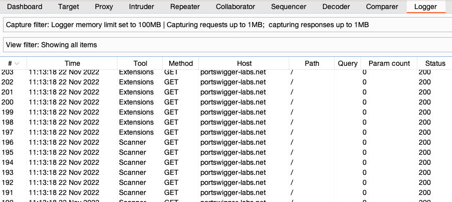 The Logger tab populating with requests