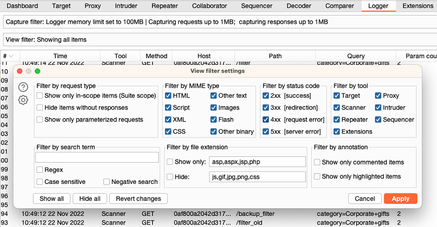 Logger view settings