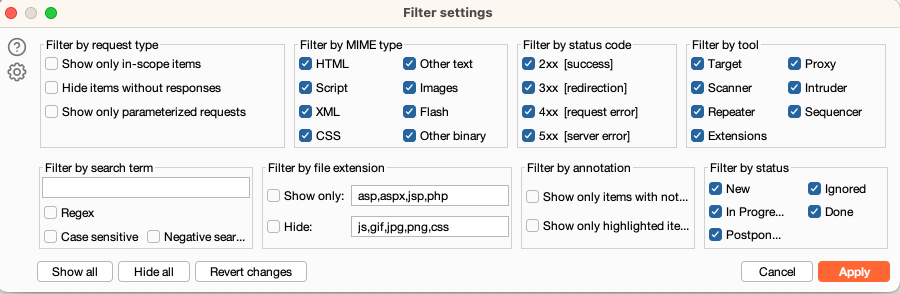 Organizer filter settings