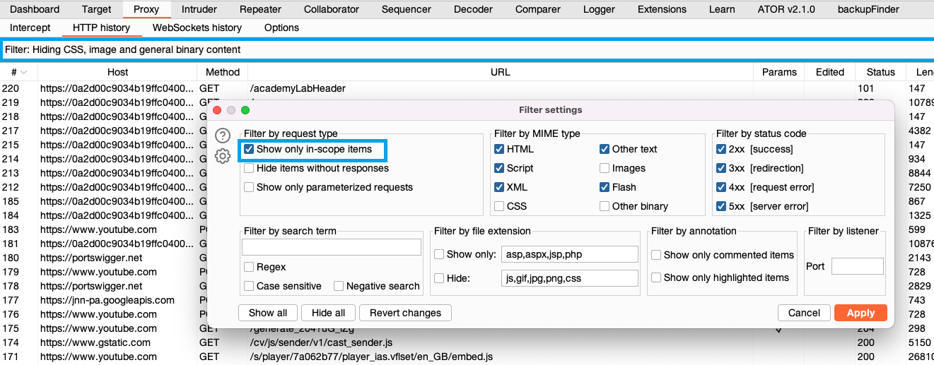 Filtering the HTTP menu